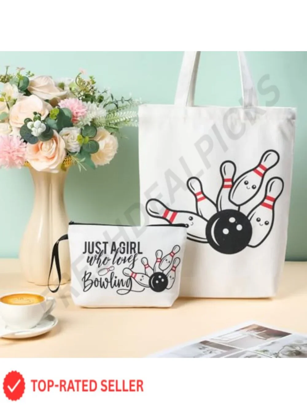 Bowling Gift Set Canvas Tote Bag and Makeup Pouch Cosmetics Organizer for Women